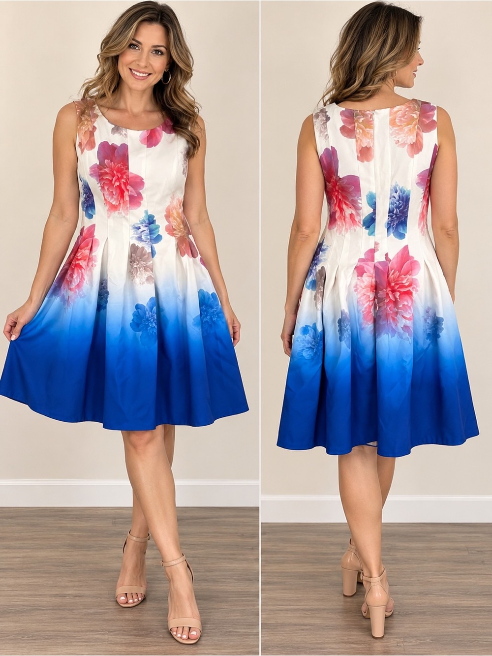 Calvin Klein White to Blue Floral Ombre Sleeveless Midi Dress size 10